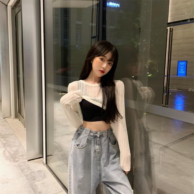 Áo Sweater Tay Dài Trong Suốt Nhẹ Nhàng Chống Nắng Thiết Kế Thân Ngắn Kiểu Nước Ngoài