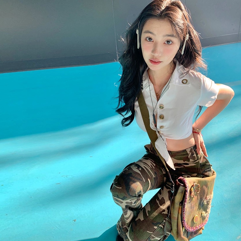 Kliou 2022 Mới vào mùa hè Áo thun croptop KLIOU tay ngắn dáng ôm cài nút kim loại thời trang mùa hè cá tính dành cho nữ