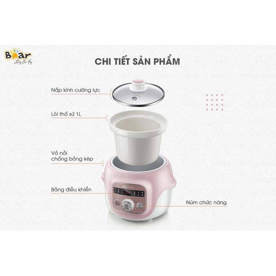 Nồi Nấu Cháo Chậm Cho Bé Bear 1L_Nồi Hầm Cháo Chậm Ăn Dặm, Chưng Yến, Ninh Cháo Đa Năng Có Lồng Hấp_Bảo Hành 12 Tháng