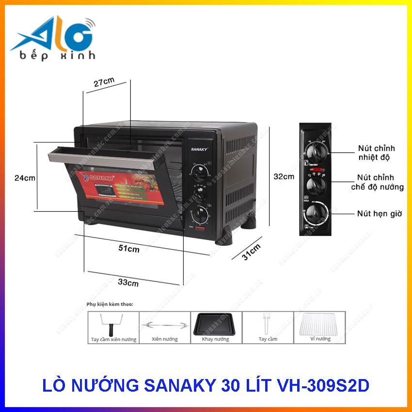 LÒ NƯỚNG SANAKY 30 LÍT VH-309S2D  - công suất 1600W - Thanh nướng chữ i - BH 2 năm  - Alo Bếp Xinh