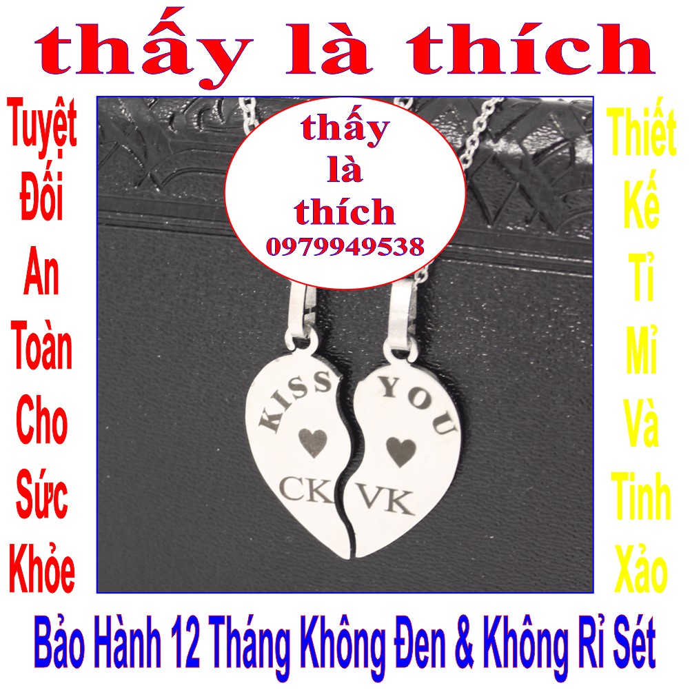 Dây chuyền cặp đôi 2 mảnh ghép trái tim khắc chữ CK/VK kết hợp chữ KISS YOU - Giá bán như trên là 1 cặp = 2 sợi như hình