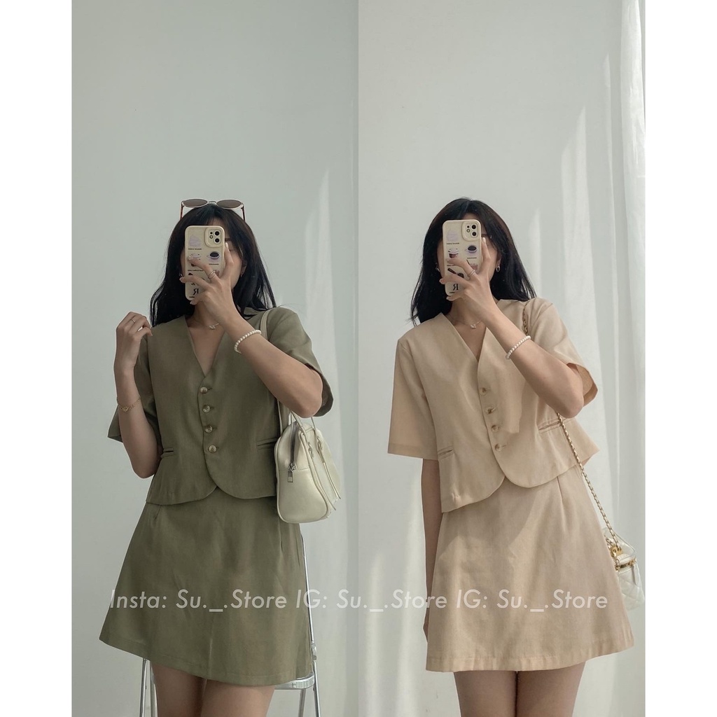 Set áo croptop cổ vest cúc dọc kèm chân váy trơn S343 SUSTORE