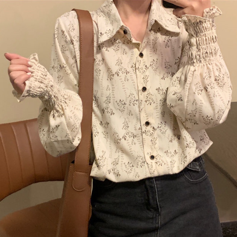 Áo Sơ Mi Dài Tay In Hoa Thời Trang 152058 Áo Sơ Mi Khoác Ngoài Phong Cách Retro Hàn Quốc Hợp Thời Trang
