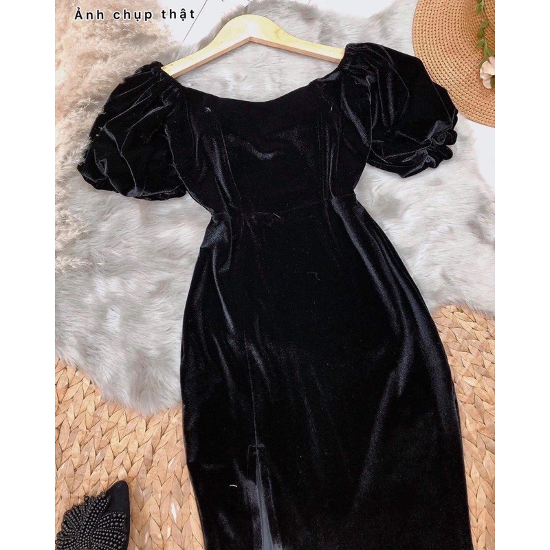 Đầm maxi nhung xẻ đùi tay phồng kèm hình thật | BigBuy360 - bigbuy360.vn