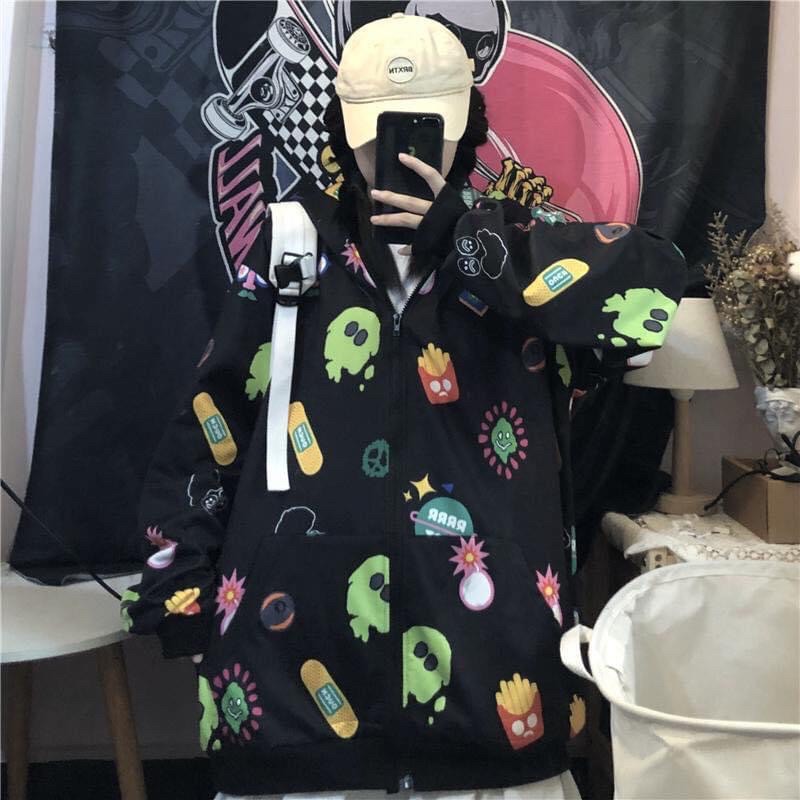 Áo Hoodie Zip Nỉ Bông Hoạ Tiết Ảnh Thật