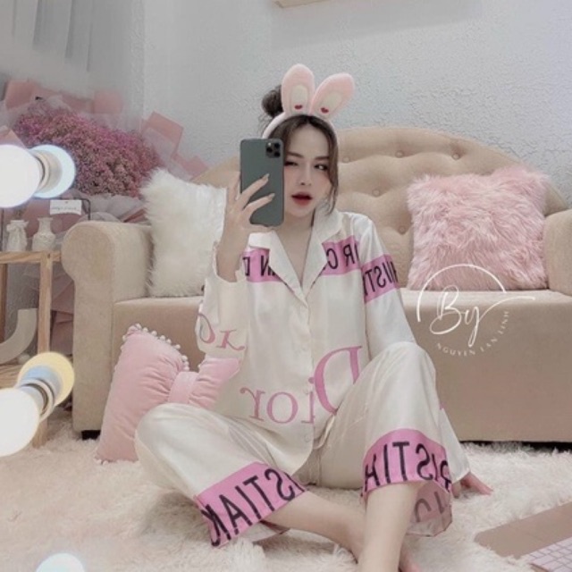 Tiệm nhà Mia - Bộ ngủ pyjama chất lụa latin mịn 2 mặt họa tiết gc hồng