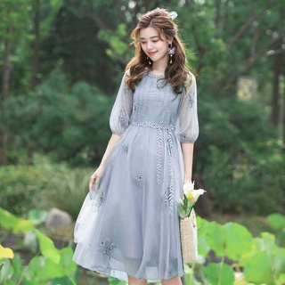 Đầm Midi Tay Lửng Thêu Hoa Màu Xanh Dương / Tím Phong Cách Vintage Thời Trang Mùa Hè Mới Cho Nữ