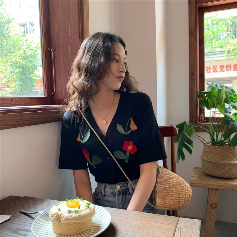 Áo cardigan ZHELIHANGFEI dệt kim tay ngắn cổ chữ V dáng rộng thêu hoa phong cách dân tộc thời trang hè cho nữ