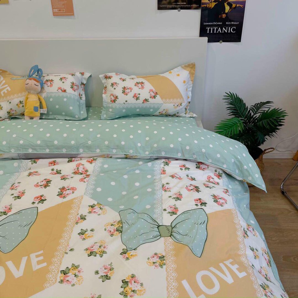 Bộ chăn ga gối Poly Cotton Hoa love xanh (Tặng vỏ gối ôm) - Miễn phí bo chun mọi kích thước