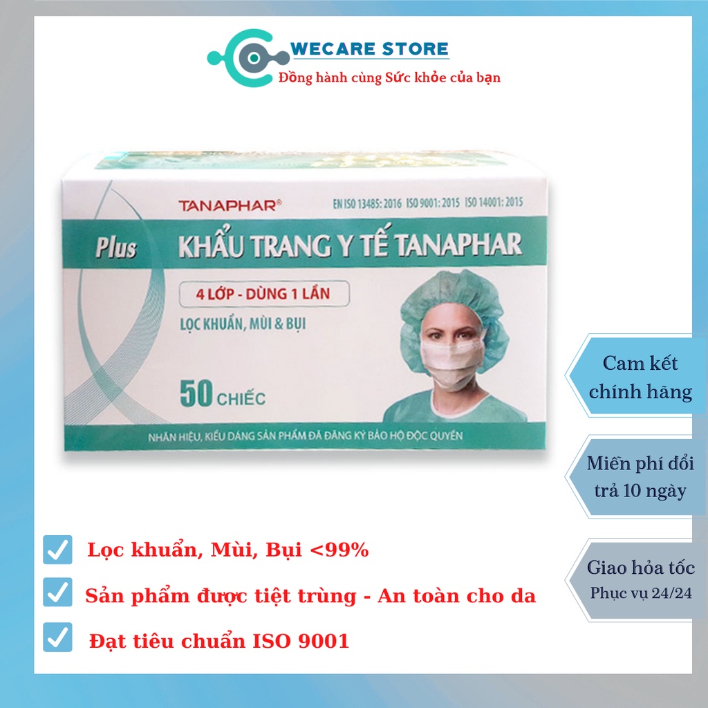 Khẩu trang y tế Tanaphar 3 lớp, 4 lớp Màu trắng [Chính Hãng]- Tiệt trùng - Kháng khuẩn - Đạt chuẩn ISO 9001