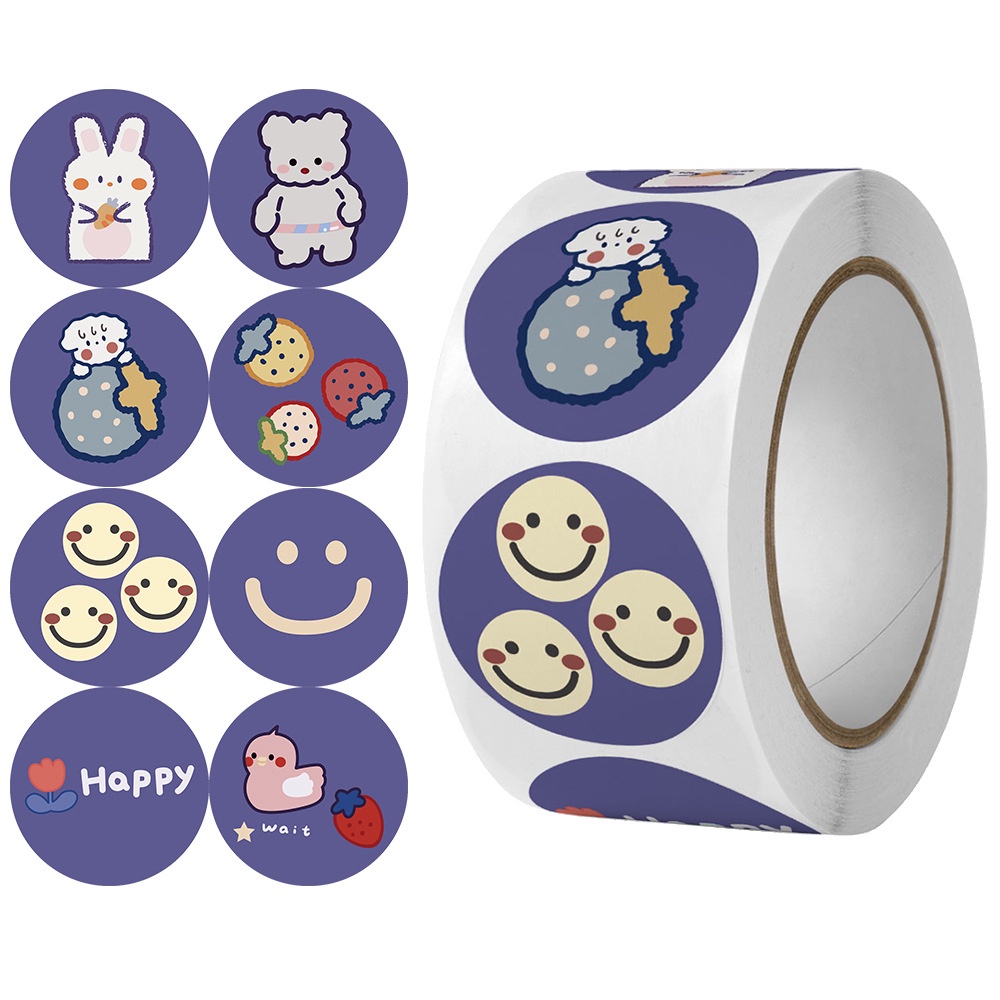 Cuộn 500 miếng dán hoạt hình ngộ nghĩnh, tem dán sticker thank you gói hàng, quà tặng