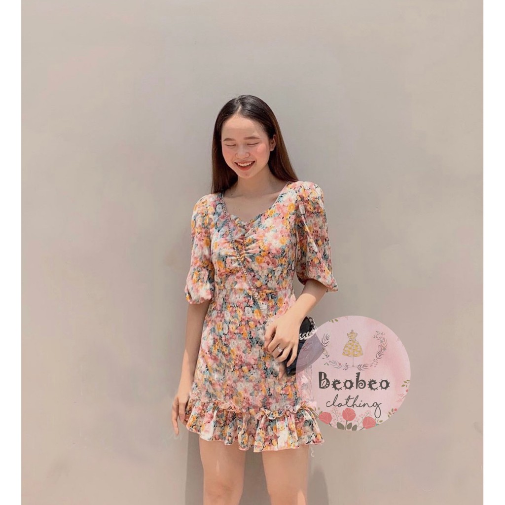 Đầm voan hoa chân bèo tay bo phồng thắt nơ vintage