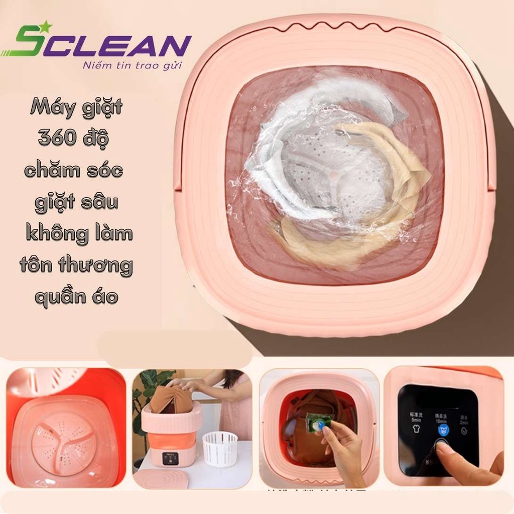 Máy giặt Mini tự động gấp gọn thông minh, vắt khô, khử khuẩn bằng công nghệ Blue Ag bạc,có van xả nước