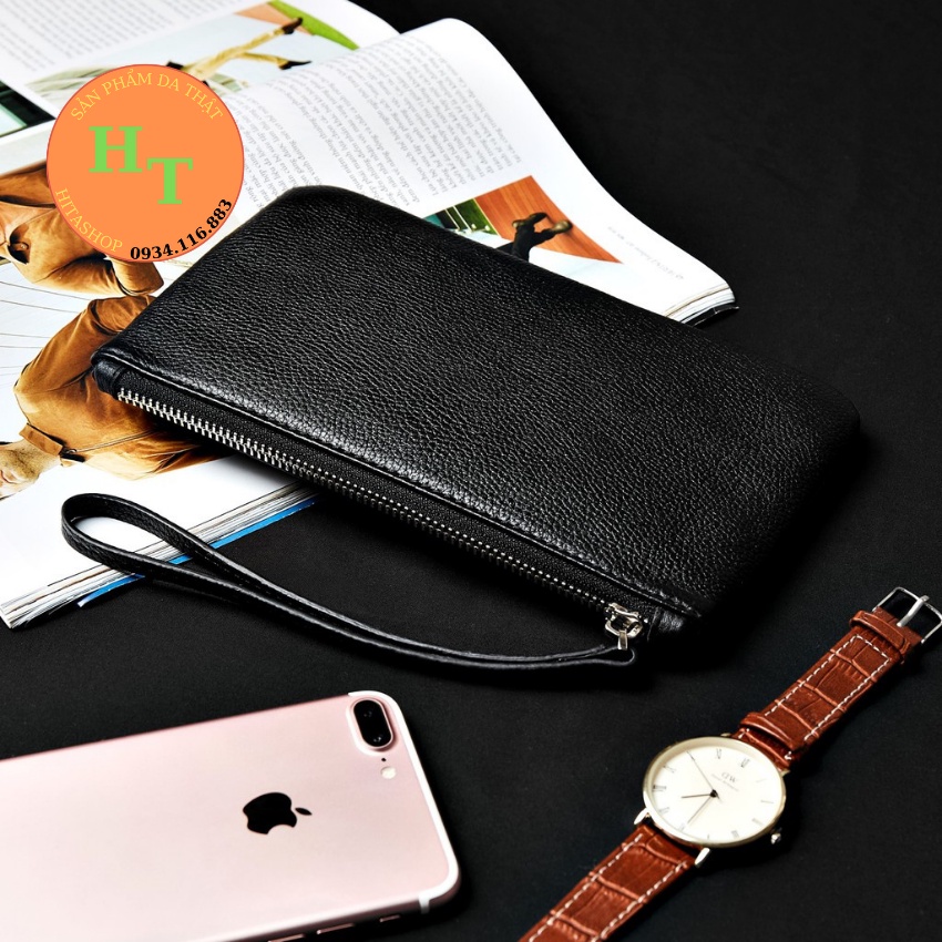 Ví Cầm Tay Nữ Cao Cấp - Cam Kết Da Bò Thật 100% - Màu Đen Hàng Chính Hãng Thương Hiệu Hima Leather - BNM01