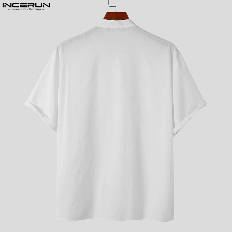 Áo sơ mi Incerun bằng cotton ngắn tay cổ đứng phối nút phong cách cổ trang Trung Hoa dành cho nam