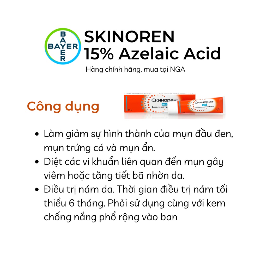[ 30G] Kem dưỡng gel SKINOREN giảm mụn, nám chứa Azelaic Acid