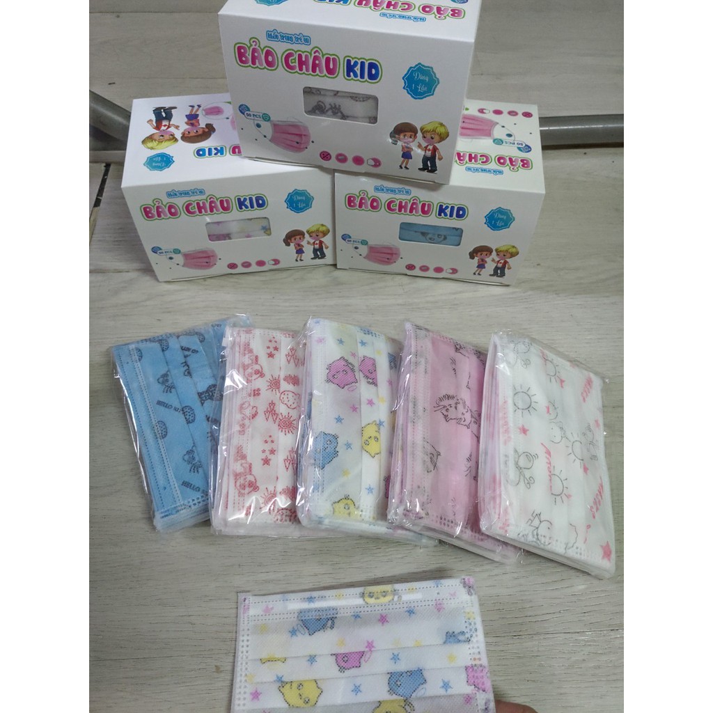 1 Hộp 50 chiếc khẩu trang y tế trẻ em 3 lớp hiệu Bảo Châu, đầy đủ giấy tờ kiểm định chất lượng