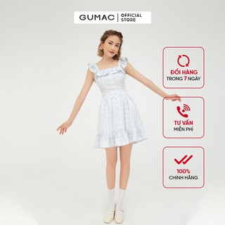 Đầm xòe nữ sát nách phối bèo GUMAC màu xanh sọc caro DB567