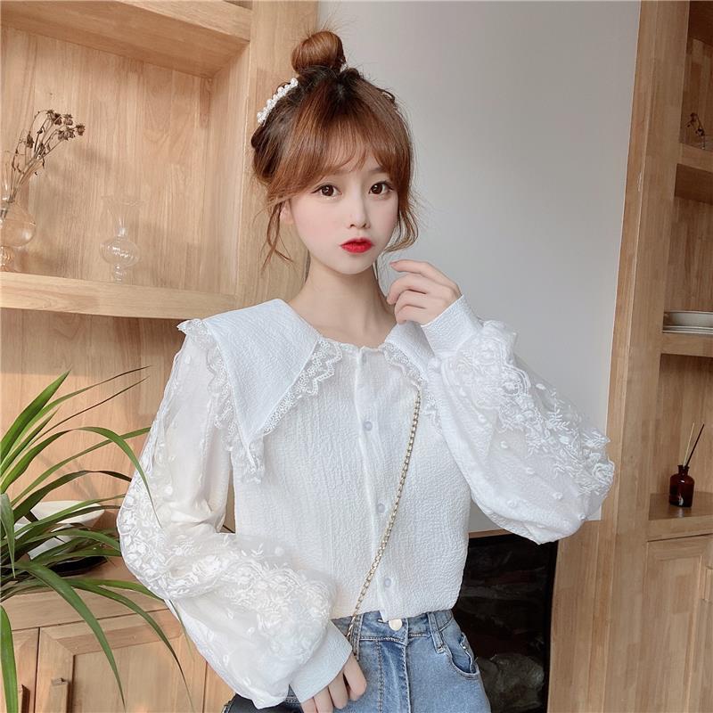 Áo Sơ Mi Tay Dài Cổ Búp Bê Phối Ren Màu Xanh Dương Phong Cách Phương Tây Thời Trang Cho Nữ