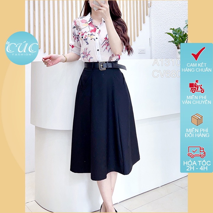Chân váy CÚC FASHION cạp cao dáng dài cao cấp công sở Quảng Châu đầm xòe kèm đai phối rời CV680