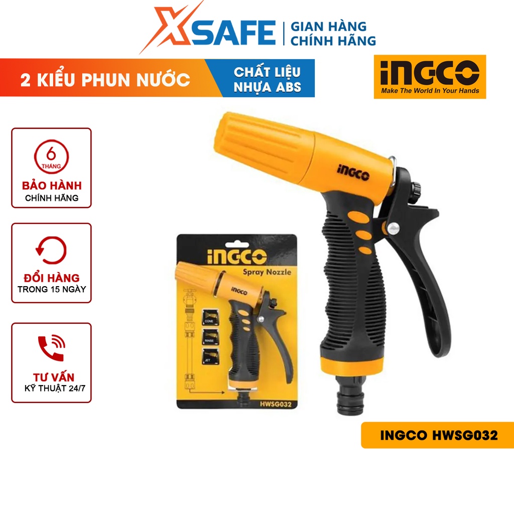 Vòi phun xịt nước iNGCO HWSG032 nhựa ABS đúc nguyên khối, cán cầm bọc lớp nhựa mềm, dùng rửa xe, tưới cây [CHÍNH HÃNG]