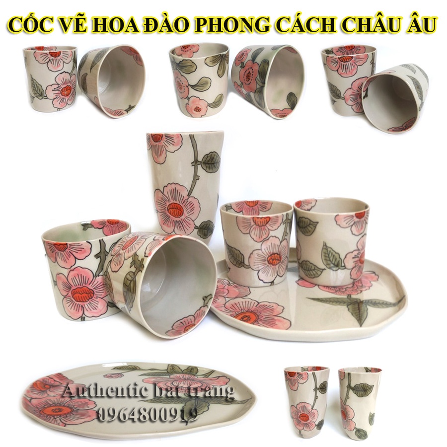 "SIÊU HOT" BỘ CỐC UỐNG TRÀ, CHÉN TRÀ VẼ HOA ĐÀO-PHONG CÁCH CHÂU ÂU-TUYỆT PHẨM ĐẸP VÀ ĐỘC ĐÁO.Gốm sứ Authentic Bat trang