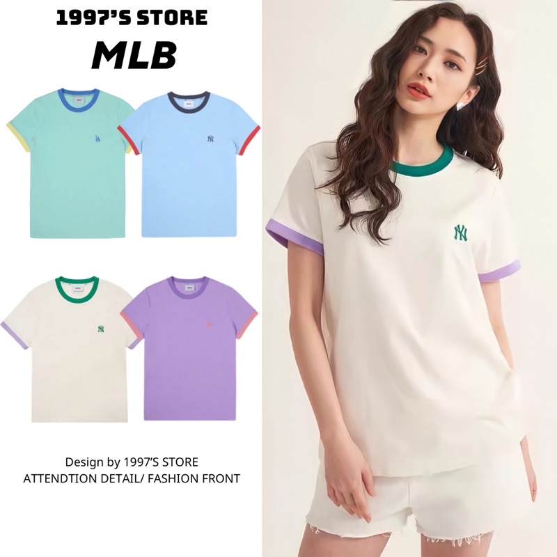 Áo thun form rộng nam nữ tay lở mlb thêu chữ viền cổ tay chất thun cotton mát mịn