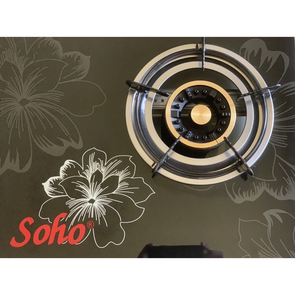 Bếp gas đôi mặt kính Soho điếu gang, ngọn lửa đồng thau lớn 10cm , Có họng hâm , linh kiện bảo hành miễn phí đ