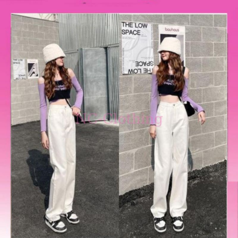 Quần Jean Ống Rộng Nữ Màu Trắng Basic phong cách Ulzzang che khuyết điểm cực tôn dáng