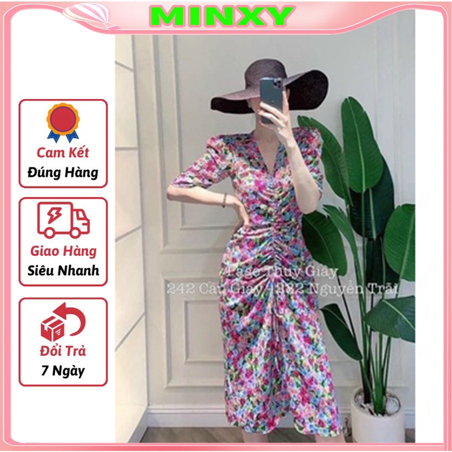 Váy maxi hoa tím đâm tay lửng rút giữa cổ V quyến rũ