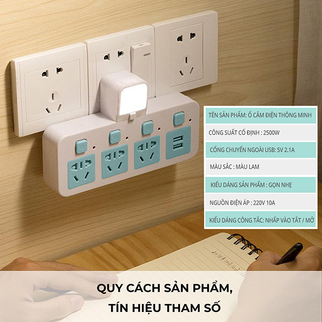 Ổ điện, Ổ cắm điện đa năng tích hợp cổng USB sạc điện thoại và đèn ngủ thông minh đẹp mắt bảo hành 12 tháng