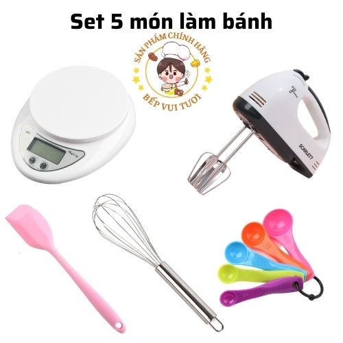 Dụng cụ làm bánh kem cơ bản 5 món đầy đủ Máy đánh trứng, đánh bột Cân tiểu ly, Phới dẹt, Phới lồng, Thìa đong