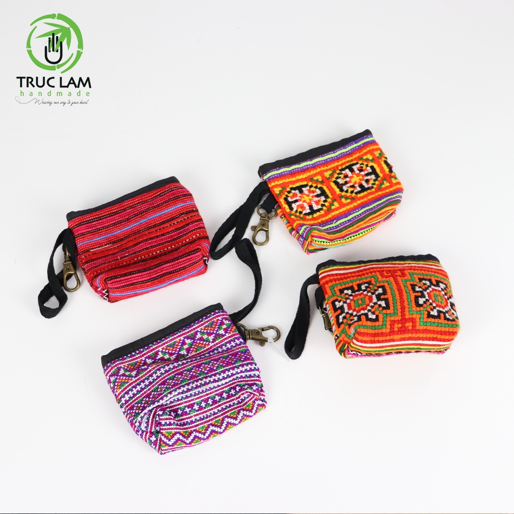 Ví Xu Mini Cầm Tay Móc Chìa Khóa Vải Thổ Cẩm Thêu Tay Trúc Lâm Handmade