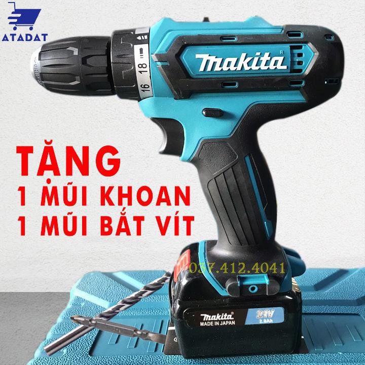 MÁY Khoan Pin vuông MAKITA 21V 2 CHỨC NĂNG ( khoan, bắt vít ) - TẶNG 1 mũi khoan +1 mũi vít , MAKITA chữ nổi, 100% Đồng