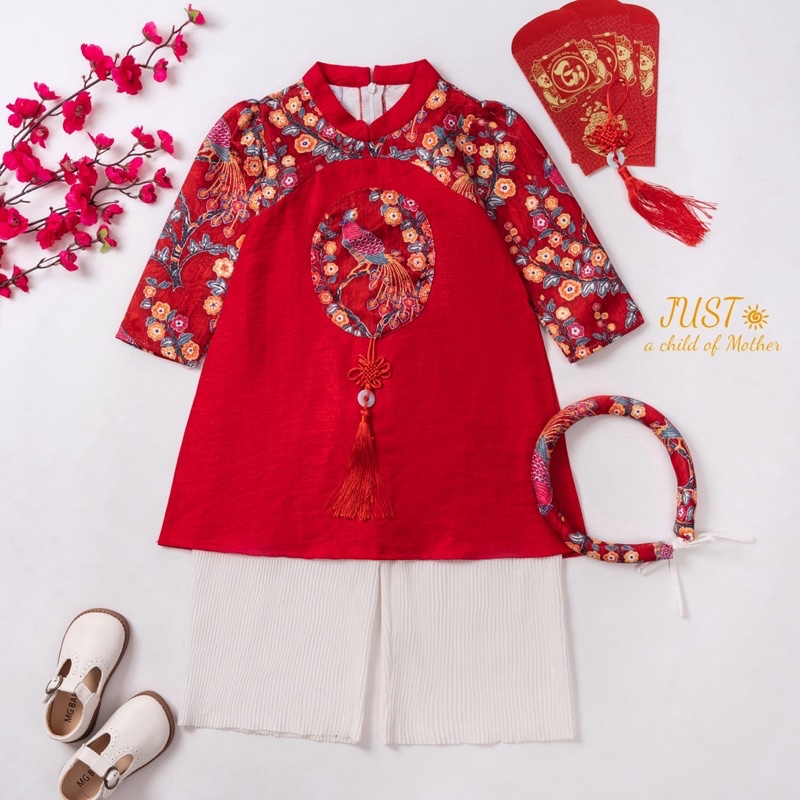 Áo Dài cho Bé gái, Vải gấm in họa tiết phối đáp tròn hình chim Công biểu tượng cho may mắn tốt lành Song hỷ phát tài