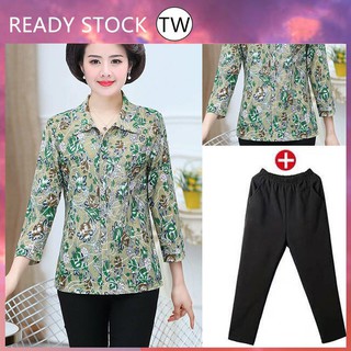 Áo blouse Nữ ❀Set Đồ Gồm Áo Sơ Mi Tay Dài Dáng Rộng Thời Trang Xuân Thu Dành Cho Phụ Nữ Độ Tuổi Trung Niên 60 Tuổi 70♭