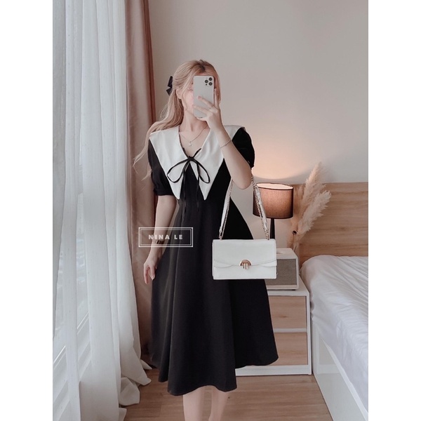 Váy Thô Cổ Trắng Thắt Nơ 3 Màu Siêu Xinh Có Ảnh Thật