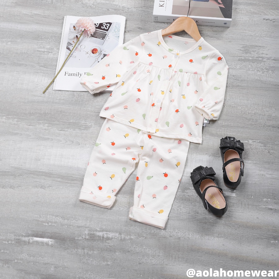 Bộ dài tay bé gái thun cotton, bộ babydoll bé gái mặc ngủ tay bèo cài nút Áo Lá Homewear A002