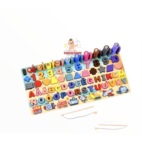 ĐỒ chơi Bảng Câu Cá Gỗ Thông Minh 6in1,Ghép Hình Học, Chữ Số, Chữ Cái, Phương Tiện Giúp Bé Phát Triển Trí Tuệ Montessori