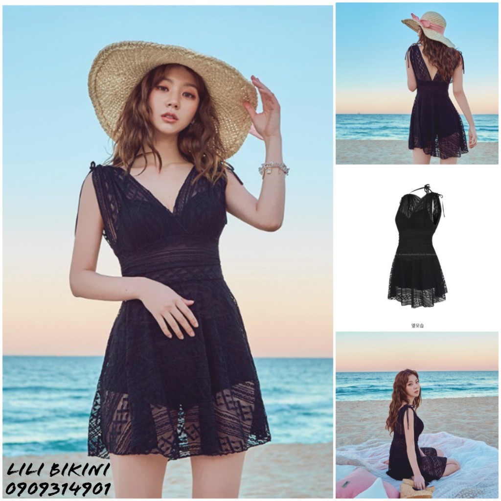 (Có sẵn size thường, BIG SIZE) Bikini váy một mảnh, monokini thiết kế Hàn Quốc ren lưới đen, đồ bơi cho người mập