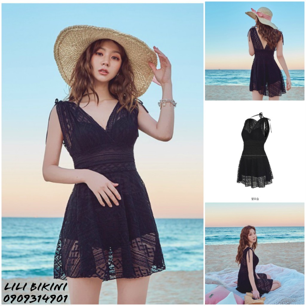 Bikini váy một mảnh, monokini thiết kế Hàn Quốc ren lưới đen, đồ bơi cho người mập