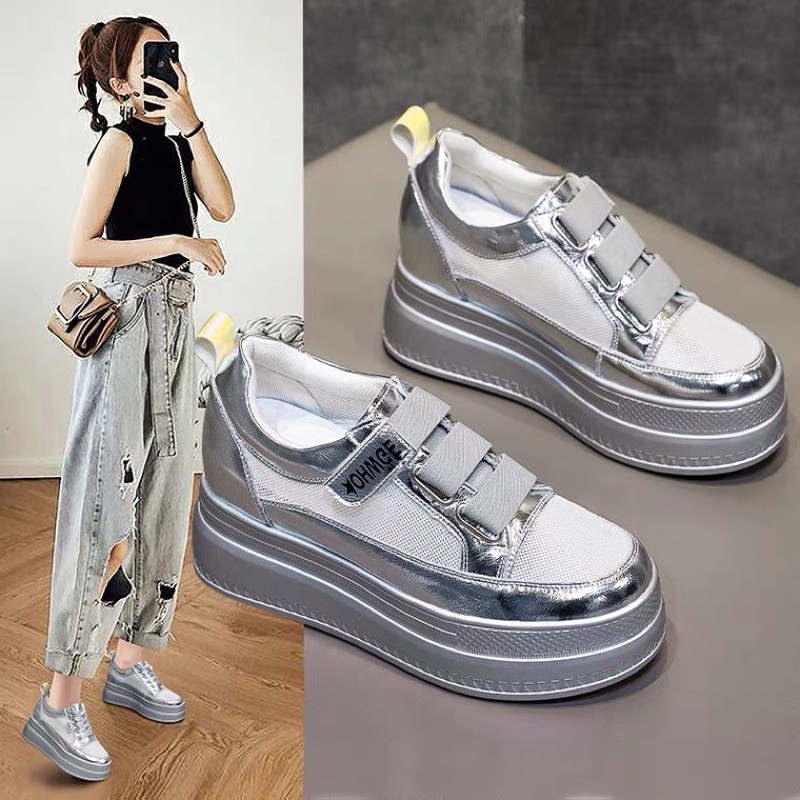 Giày thể thao pha lưới độn đế 7cm, màu bạc cá tính [VIDEO+ẢNH THẬT] siêu tôn dáng, nhẹ, êm, gọn chân