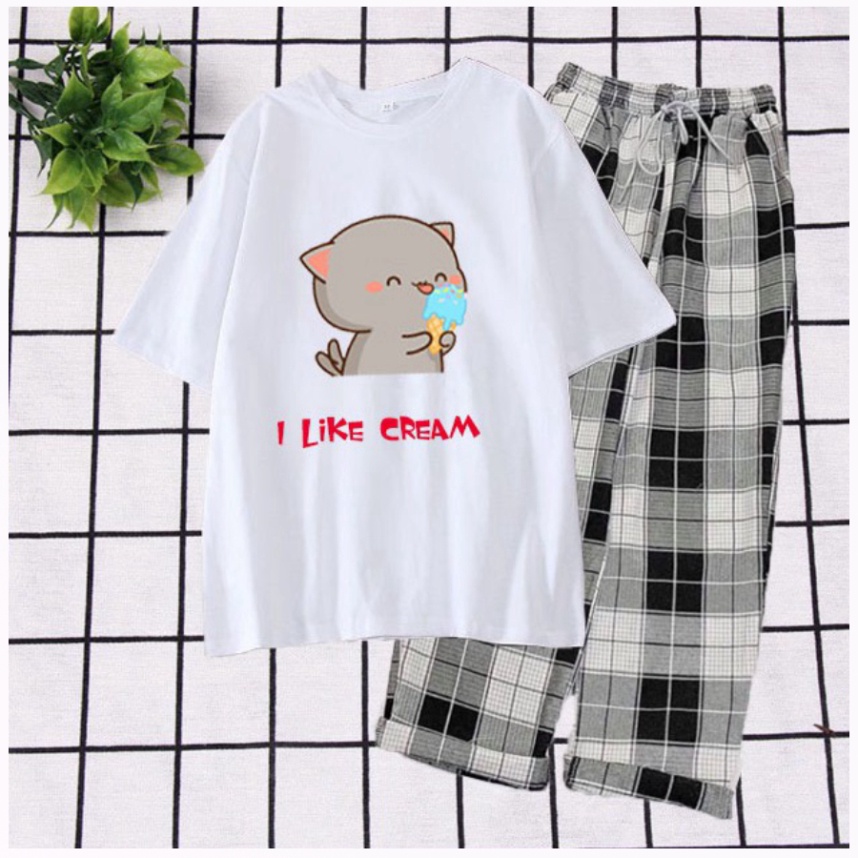 Set Đồ Bộ Gồm Áo Phông Ngắn Tay In Chú Mèo Thích Ăn Kem Phối Quần Thô & Jogger Kaki Năng Động Phù Hợp Đi Học ,Đi Chơi