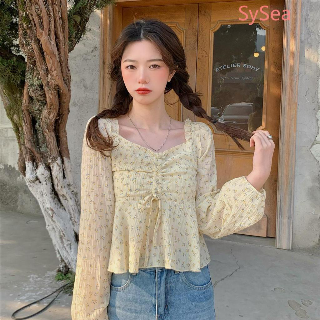 Áo chiffon tay dài họa tiết hoa phối dây rút thời trang dành cho nữ