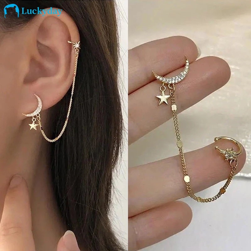 Đôi khuyên tai hình mặt trăng ngôi sao đính đá thanh lịch cho nữ