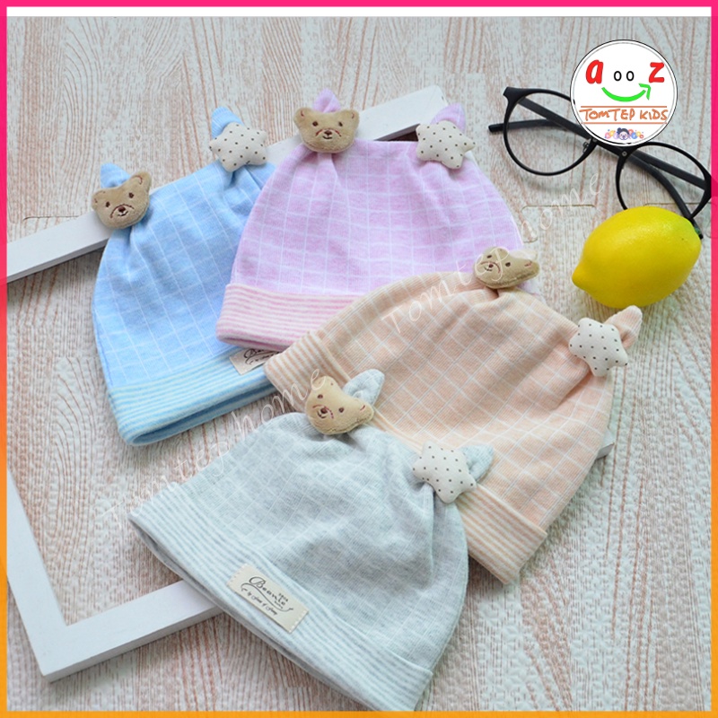 Mũ, Nón Sơ Sinh Che Thóp Cho Bé Từ 0 - 1 Tuổi Họa Tiết Gấu Sao. Chất Liều 100% Cotton Hữu Cơ Tự Nhiên An Toàn Cho Bé