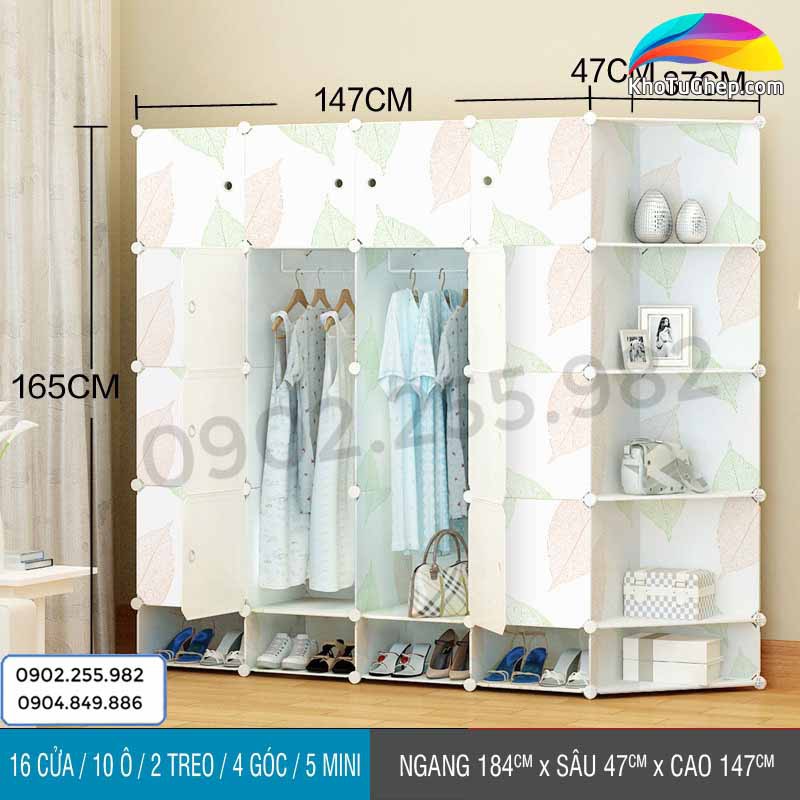 Tủ nhựa ghép 14 cửa - 4 ô góc - 4 ô giày sâu 47cm mẫu lá phong