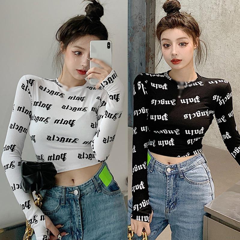 Áo Croptop Tay Dài Hoạ Tiết Chữ In Thiết Kế Ôm Sát Tôn Dáng