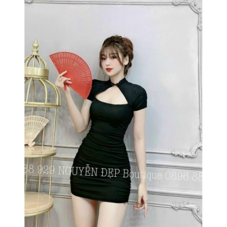 TBO-ảnh thật Váy đầm nữ ôm body cổ tàu cài nút khoét ngực chất umi kèm mút ngực