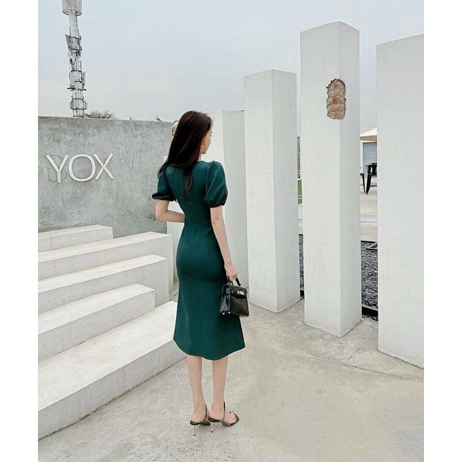 Đầm xoè tay phồng cổ vuông đính nơ xinh Lh0917399527